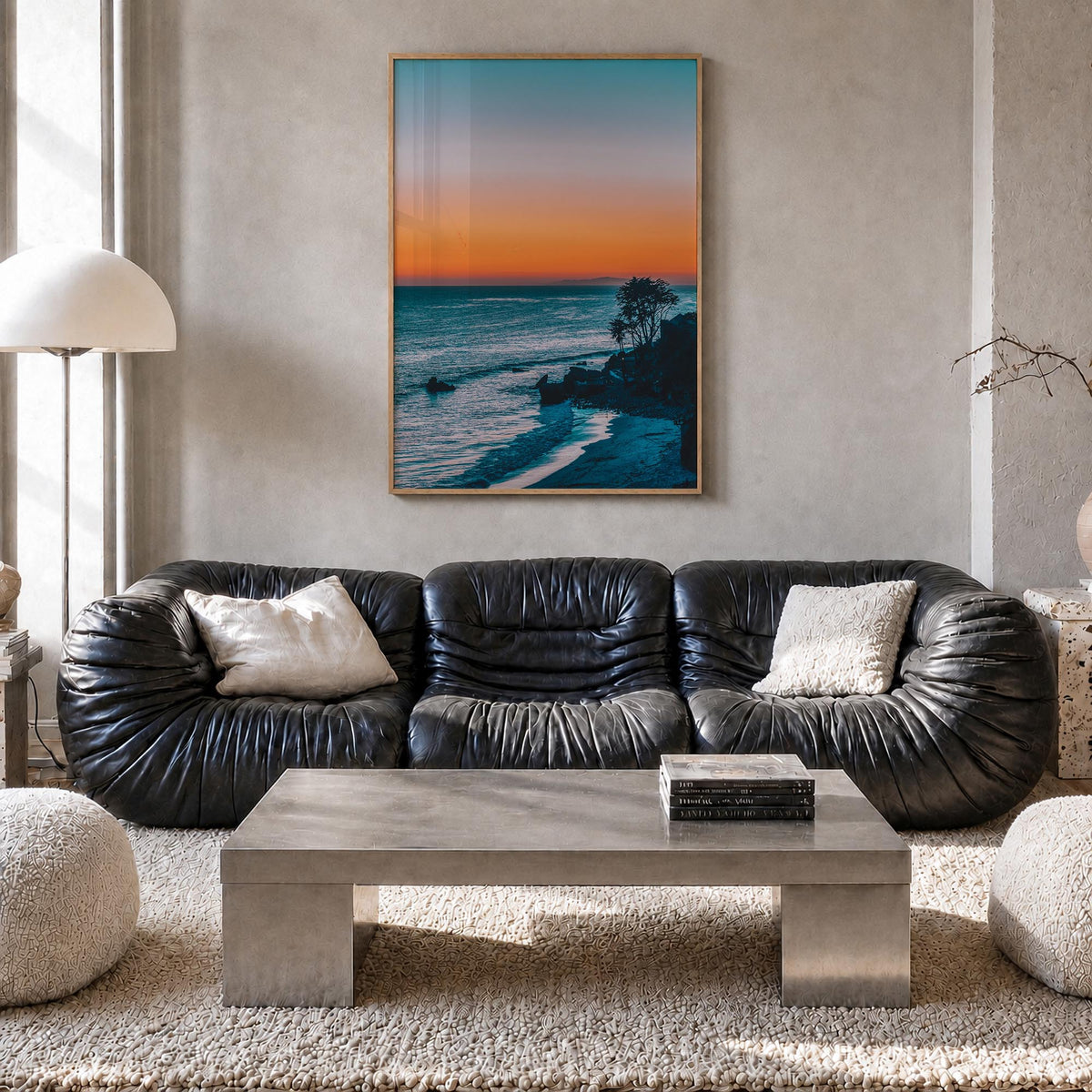Malibu no. 2 colorful photo poster of California, USA – vertical wall art in natural wood frame, hanging on wall
