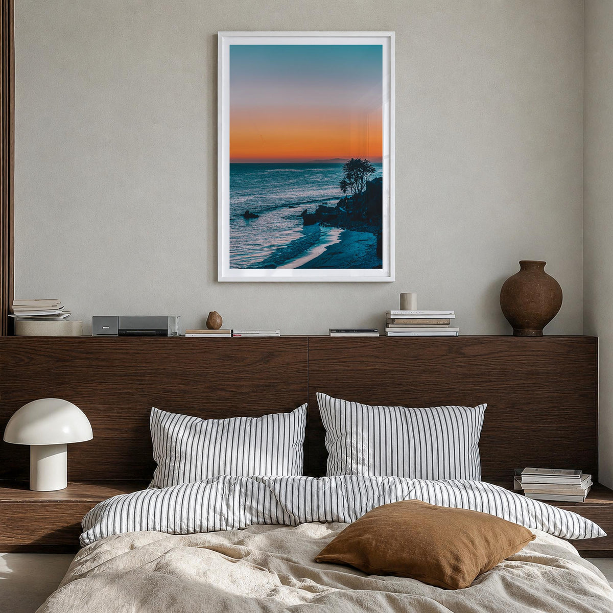 Malibu no. 2 colorful photo poster of California, USA – vertical wall art in white wood frame with white border, hanging on w