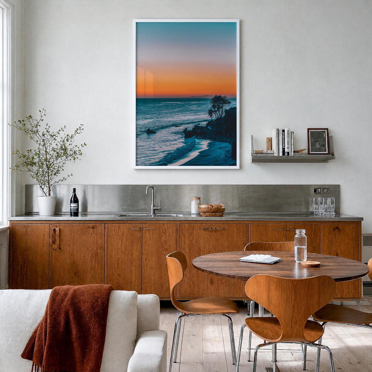 Malibu no. 2 colorful photo poster of California, USA – vertical wall art in white wood frame, hanging on wall
