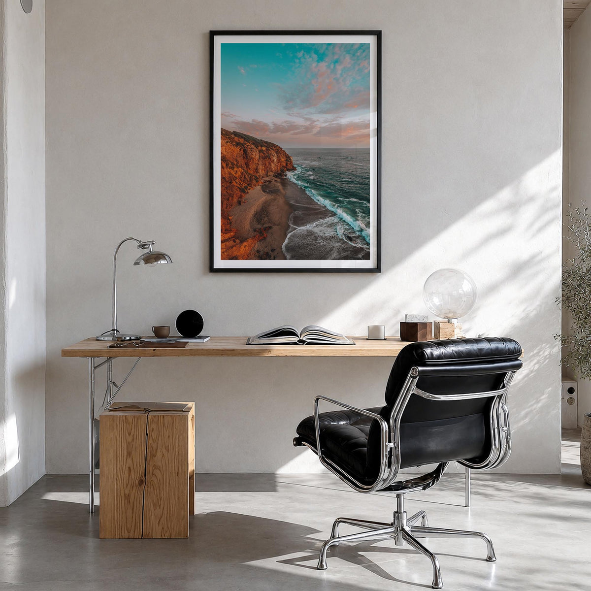Malibu no. 3 colorful photo poster of California, USA – vertical wall art in black wood frame with white border, hanging on w
