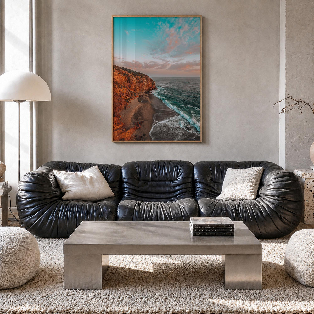 Malibu no. 3 colorful photo poster of California, USA – vertical wall art in natural wood frame, hanging on wall