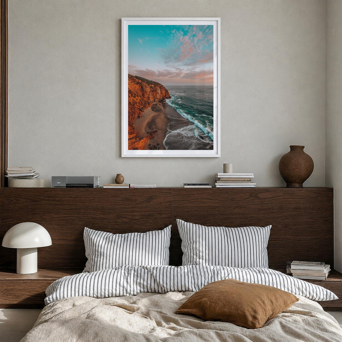 Malibu no. 3 colorful photo poster of California, USA – vertical wall art in white wood frame with white border, hanging on w
