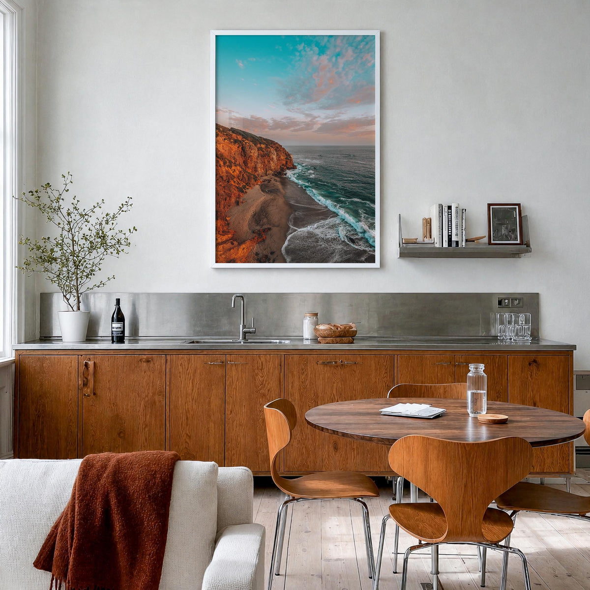 Malibu no. 3 colorful photo poster of California, USA – vertical wall art in white wood frame, hanging on wall
