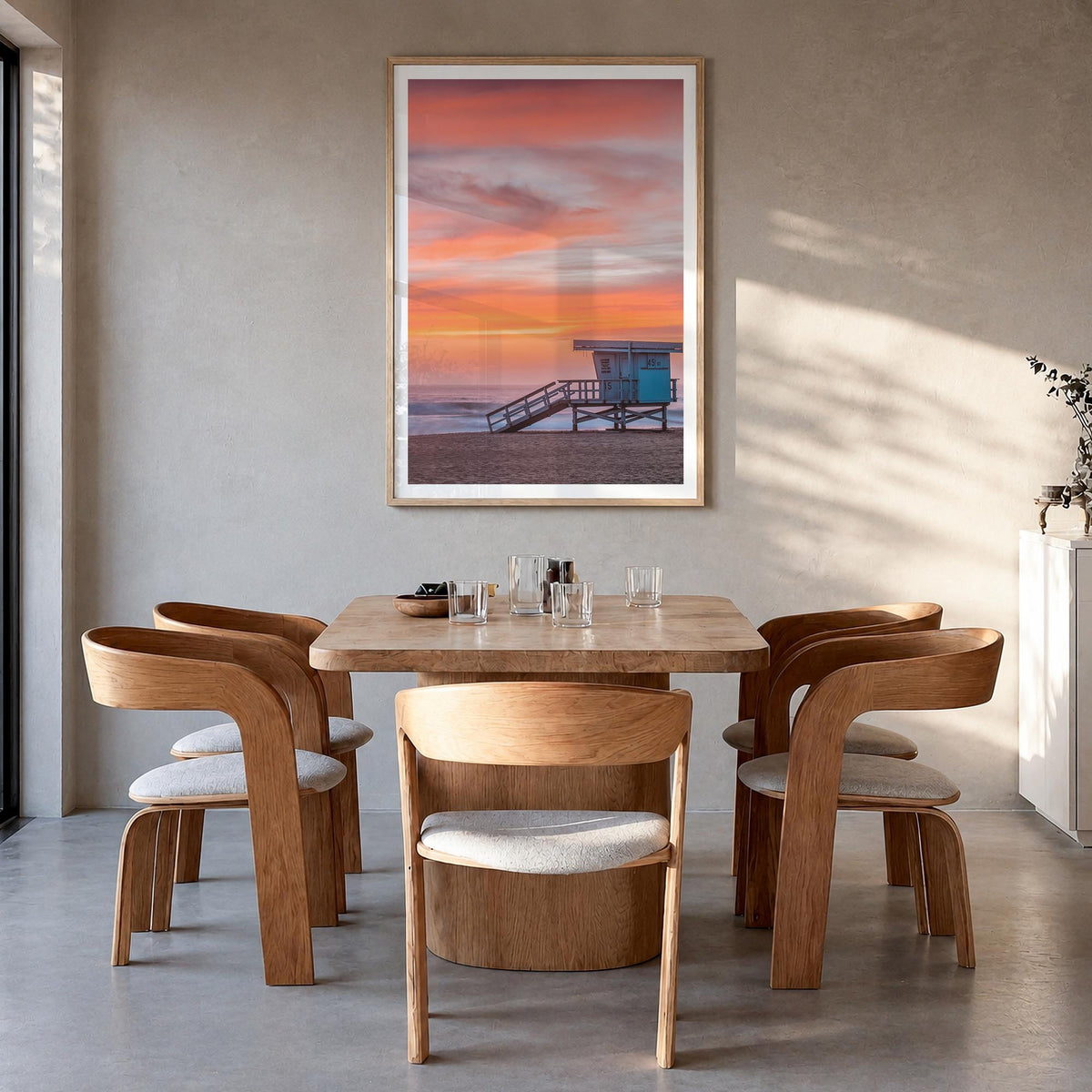 Malibu no. 4 colorful photo poster of California, USA – vertical wall art in natural wood frame with white border, hanging on