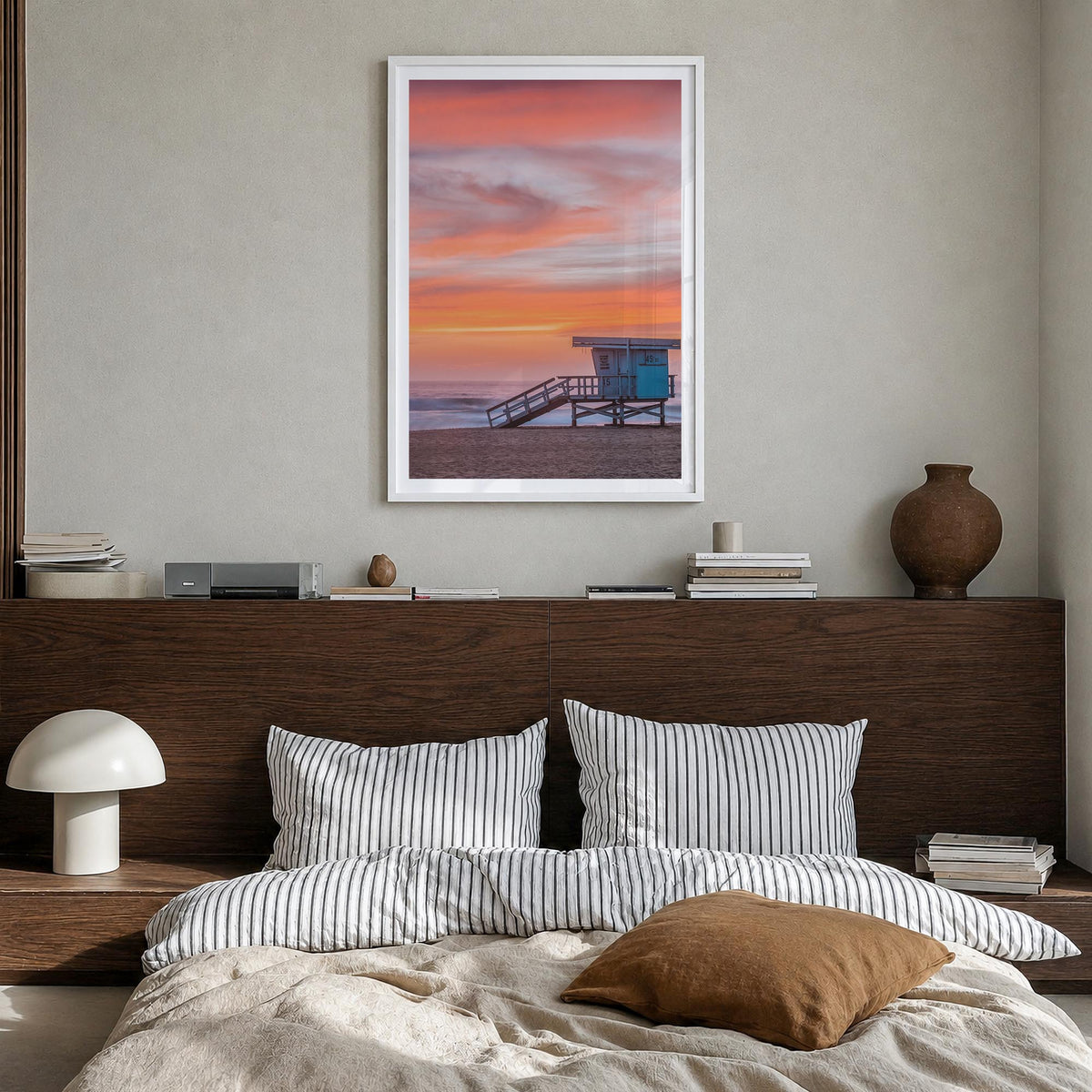 Malibu no. 4 colorful photo poster of California, USA – vertical wall art in white wood frame with white border, hanging on w
