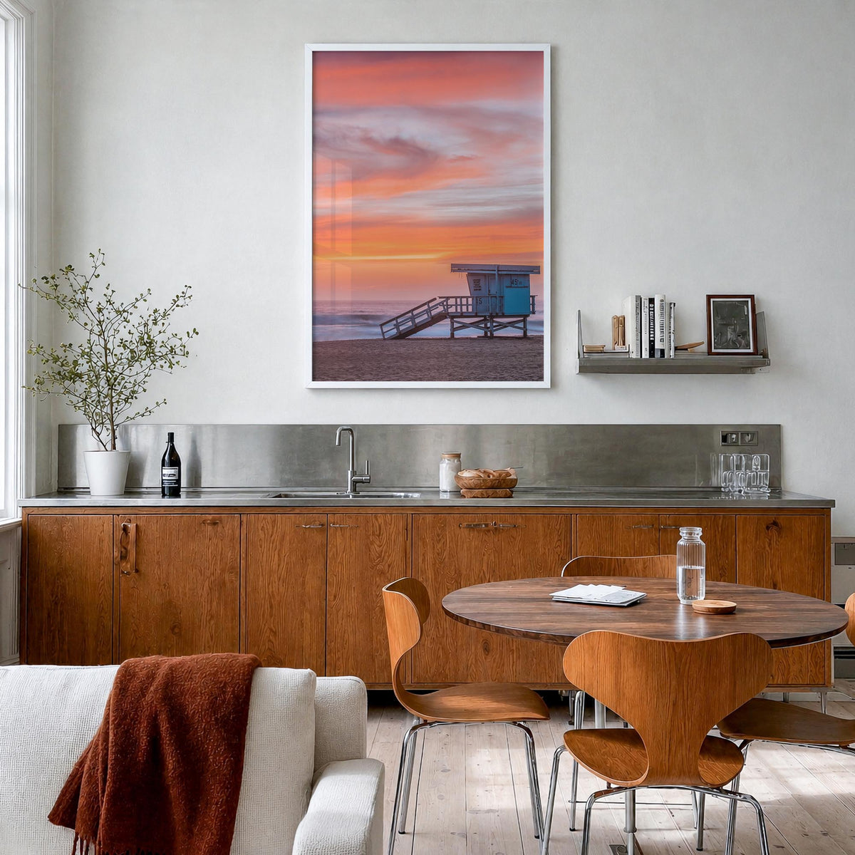 Malibu no. 4 colorful photo poster of California, USA – vertical wall art in white wood frame, hanging on wall