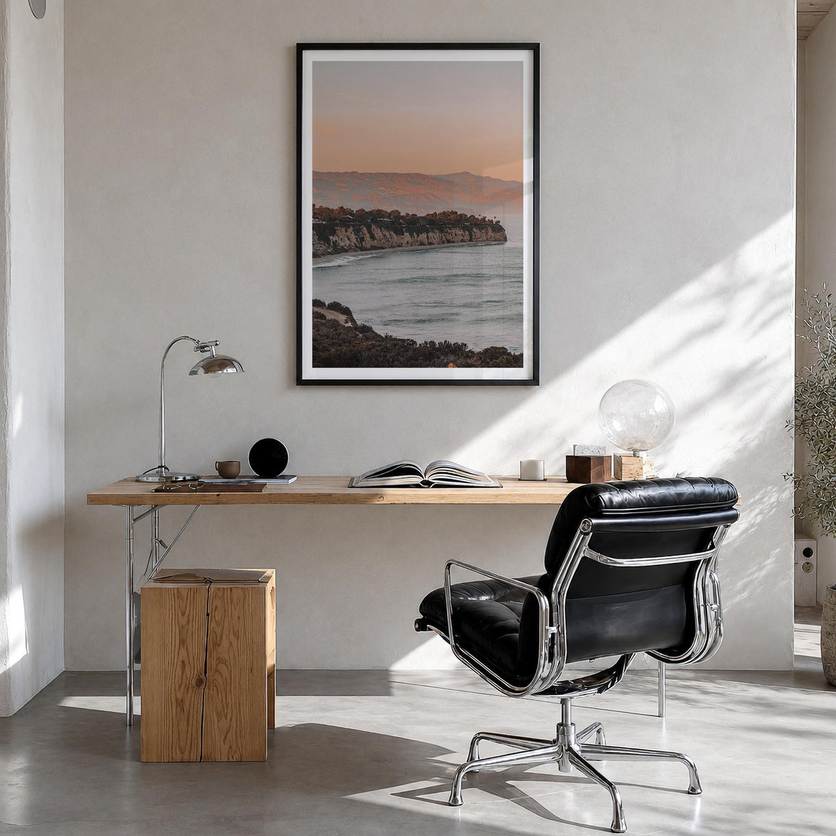 Malibu no. 5 colorful photo poster of California, USA – vertical wall art in black wood frame with white border, hanging on w