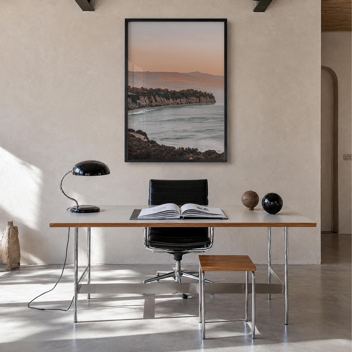 Malibu no. 5 colorful photo poster of California, USA – vertical wall art in black wood frame, hanging on wall