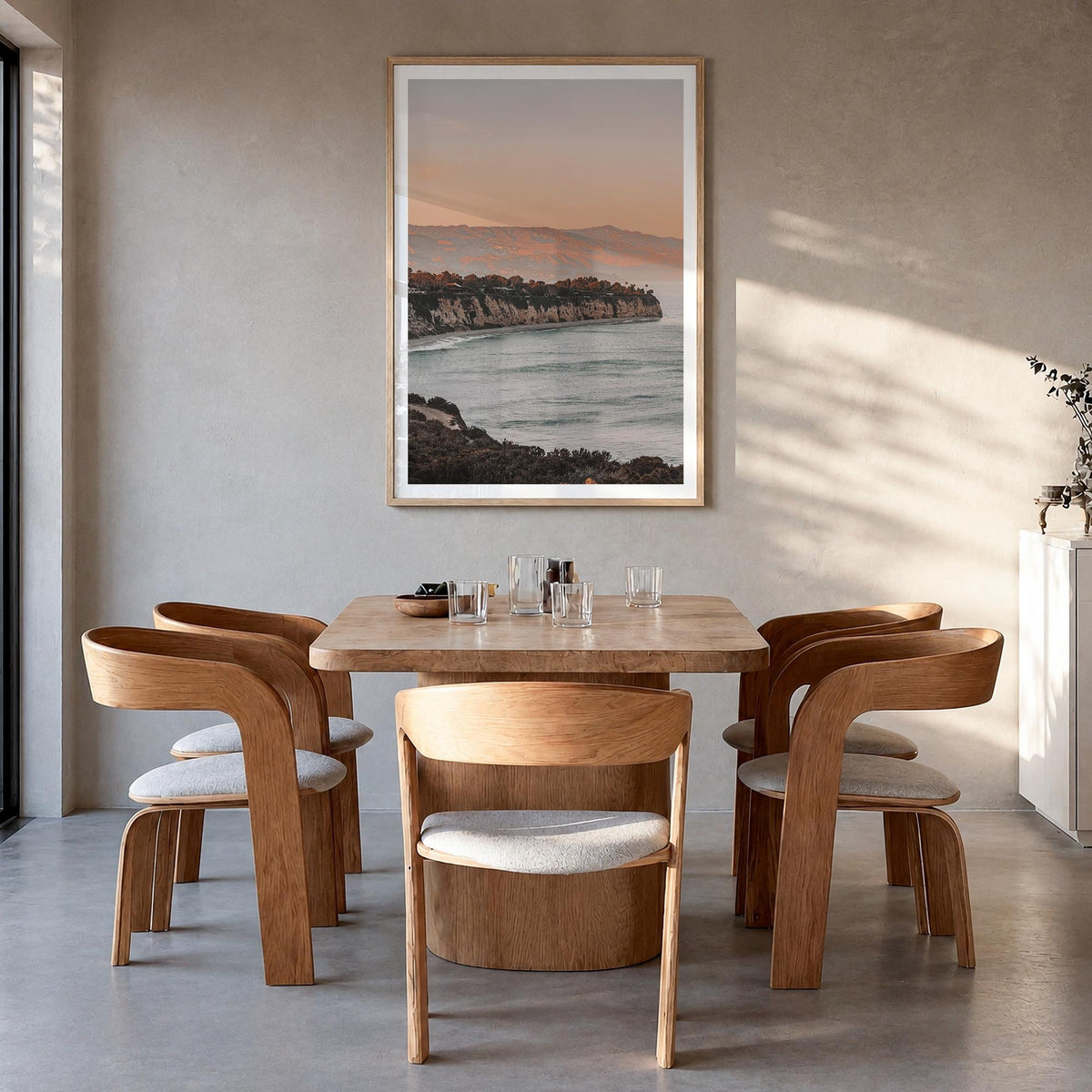 Malibu no. 5 colorful photo poster of California, USA – vertical wall art in natural wood frame with white border, hanging on