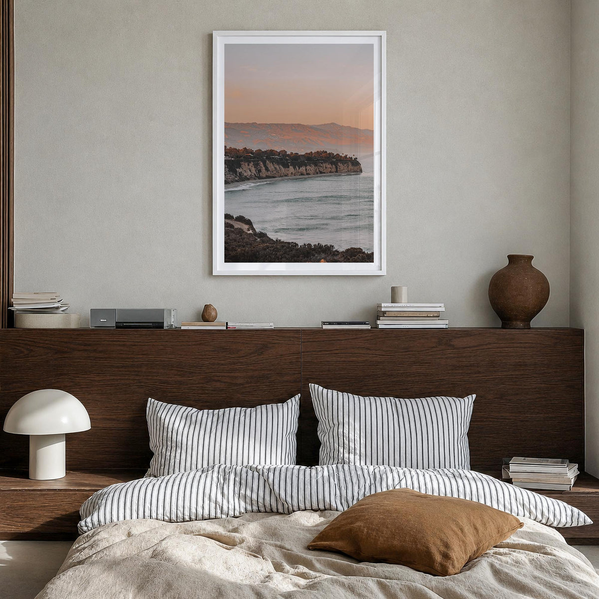 Malibu no. 5 colorful photo poster of California, USA – vertical wall art in white wood frame with white border, hanging on w