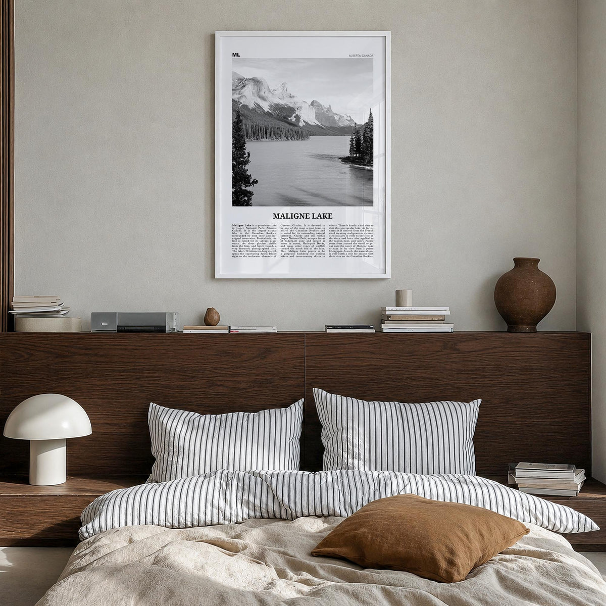 Maligne Lake black & white newspaper poster of Canada – vertical wall art in white wood frame, hanging on wall