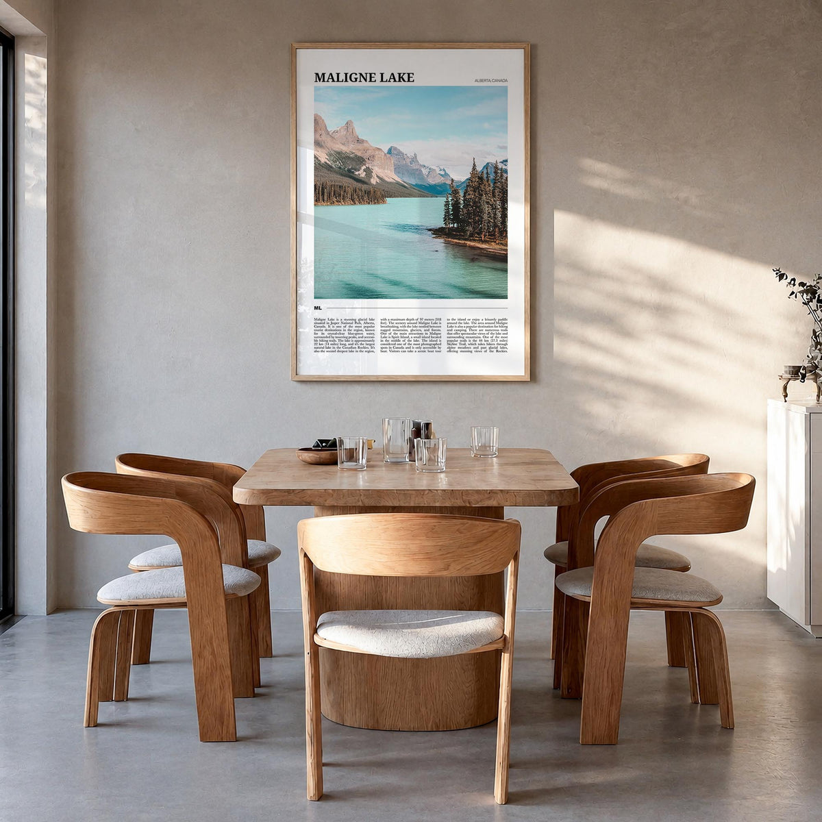 Maligne Lake colorful travel poster of Canada – vertical wall art in natural wood frame, hanging on wall