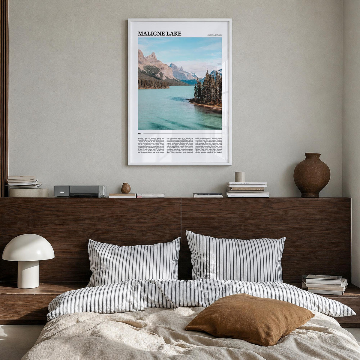 Maligne Lake colorful travel poster of Canada – vertical wall art in white wood frame, hanging on wall