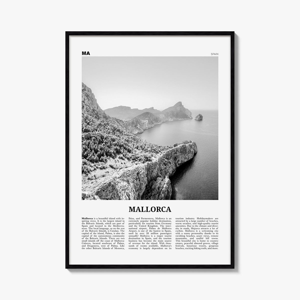Mallorca no. 1 black & white newspaper poster of Spain – vertical wall art, unframed print shown in interior mockup
