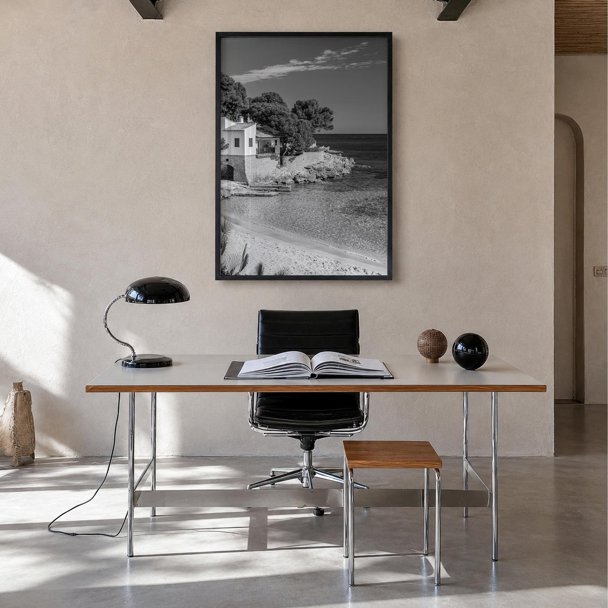 Mallorca no. 2 colorful photo poster of Spain – vertical wall art in black wood frame, hanging on wall
