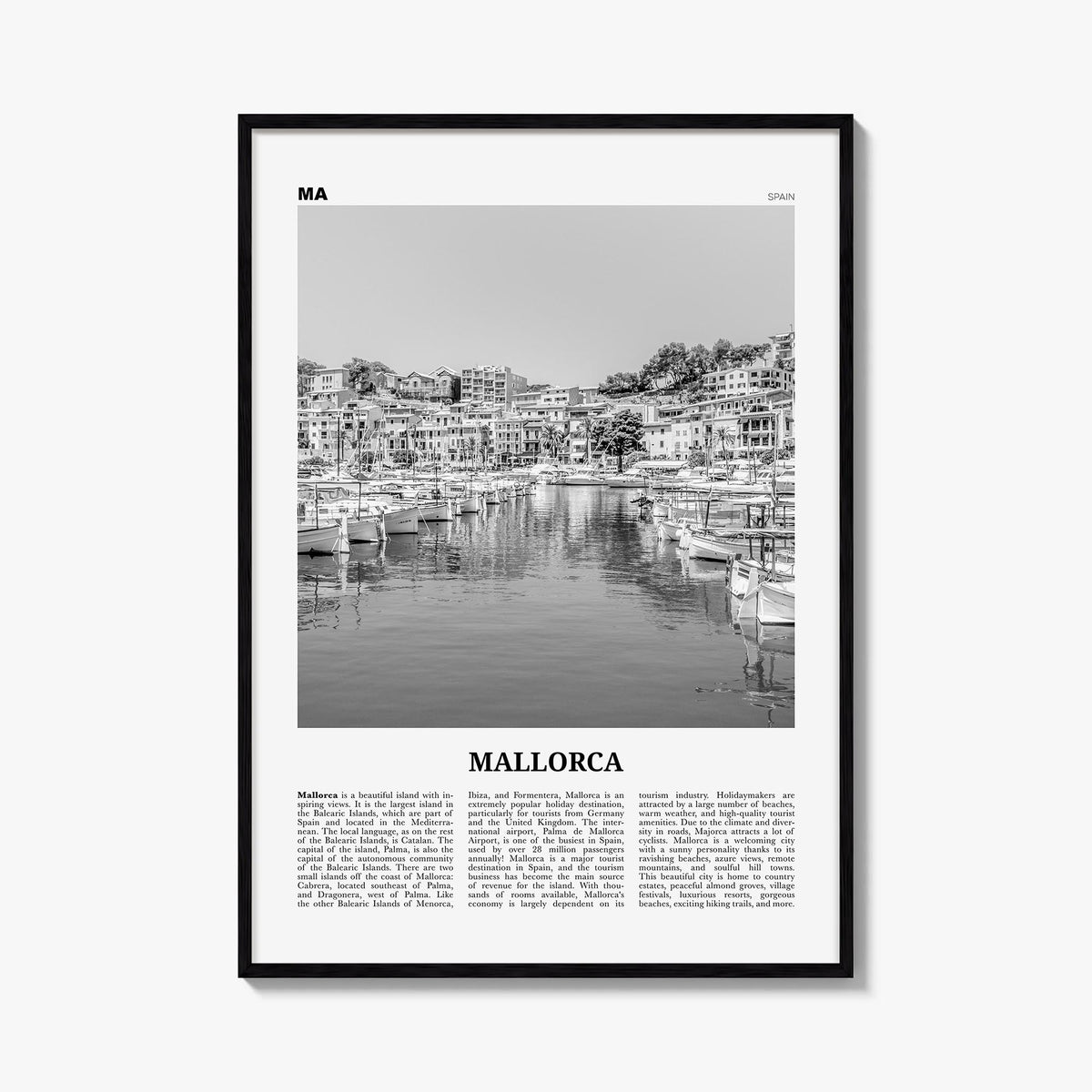 Mallorca no. 2 black & white newspaper poster of Spain – vertical wall art, unframed print shown in interior mockup