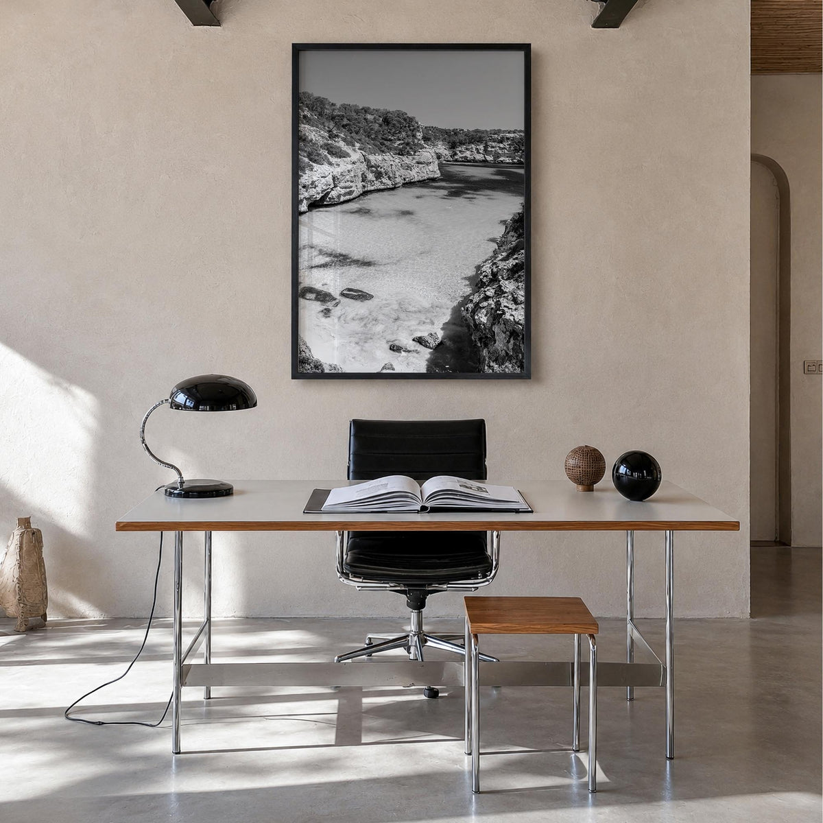 Mallorca black & white photo poster of Spain – vertical wall art in black wood frame, hanging on wall