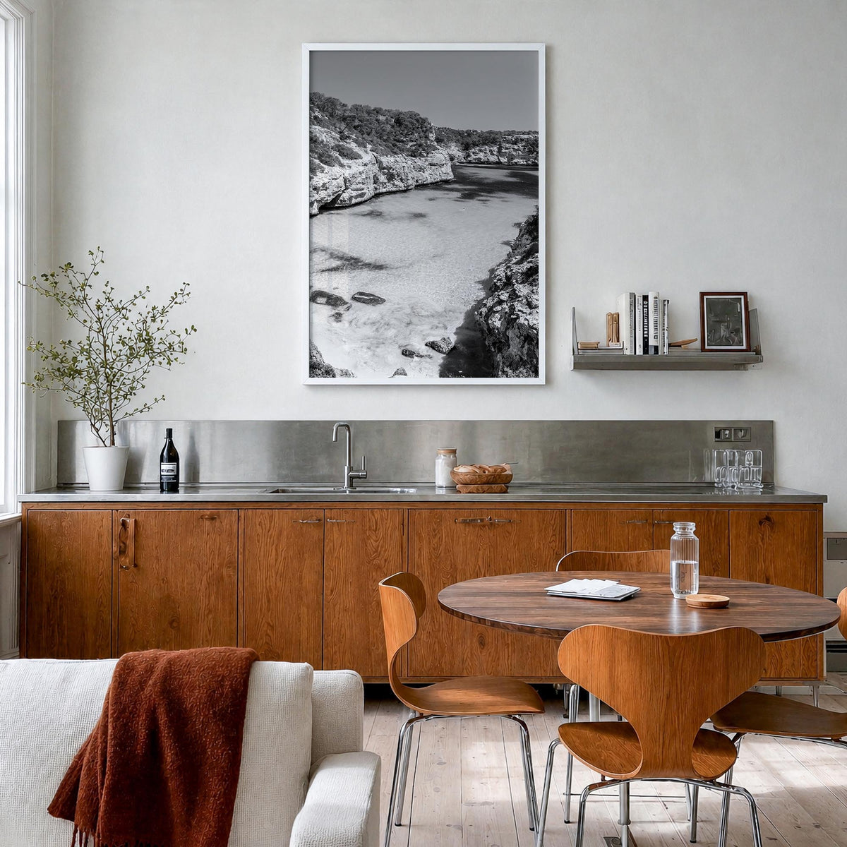 Mallorca black & white photo poster of Spain – vertical wall art in white wood frame, hanging on wall