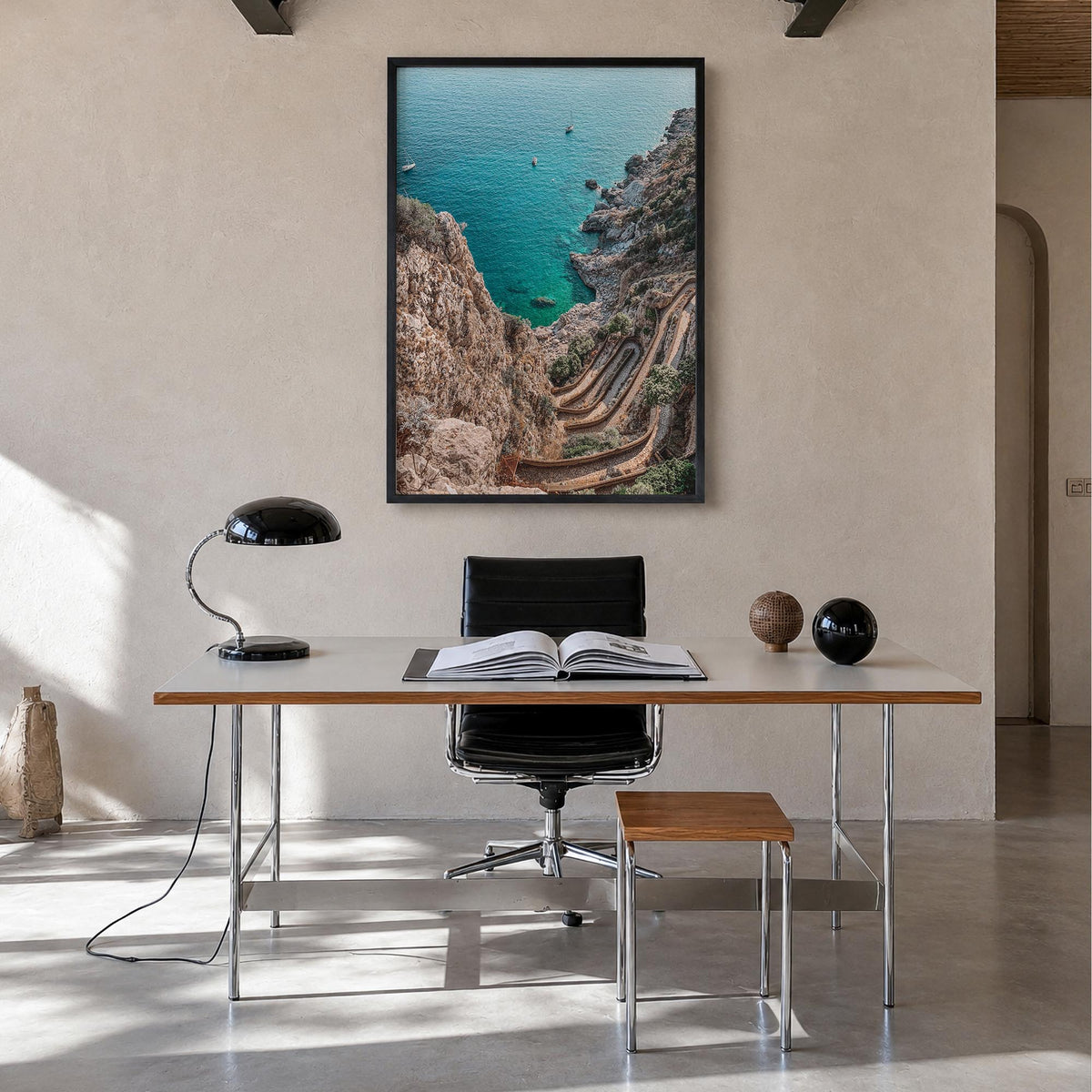 Mallorca no. 1 colorful photo poster of Spain – vertical wall art in black wood frame, hanging on wall