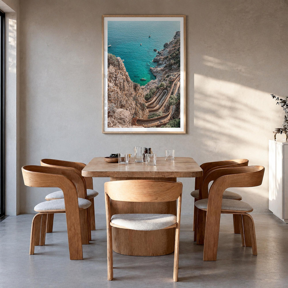 Mallorca no. 1 colorful photo poster of Spain – vertical wall art in natural wood frame with white border, hanging on wall