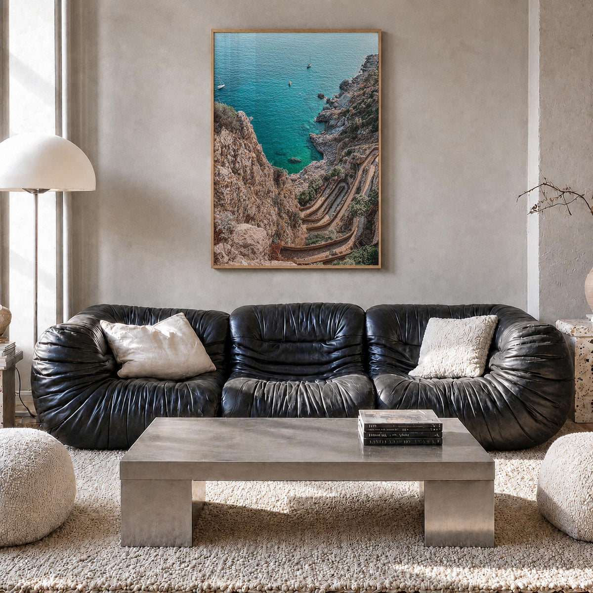 Mallorca no. 1 colorful photo poster of Spain – vertical wall art in natural wood frame, hanging on wall
