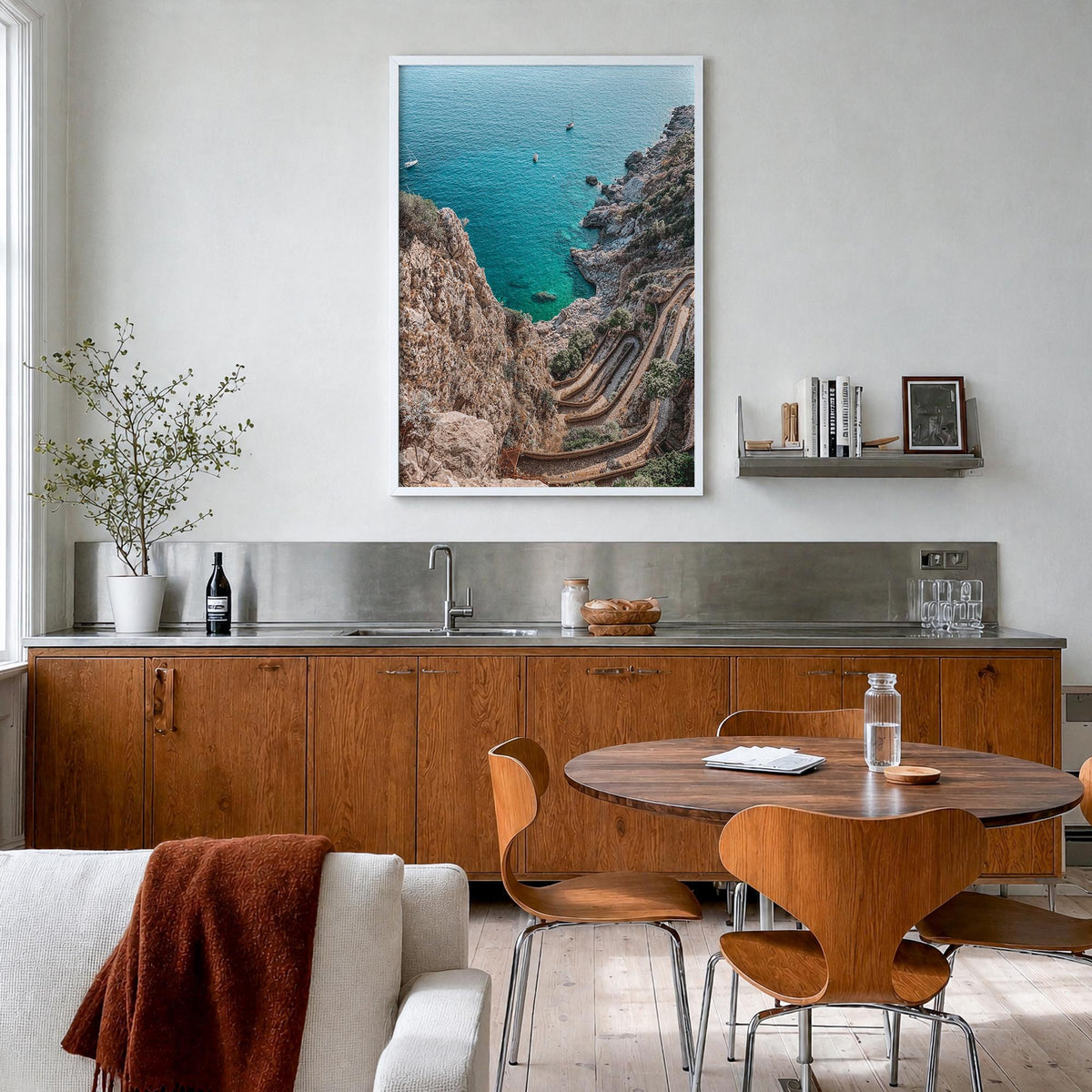 Mallorca no. 1 colorful photo poster of Spain – vertical wall art in white wood frame, hanging on wall