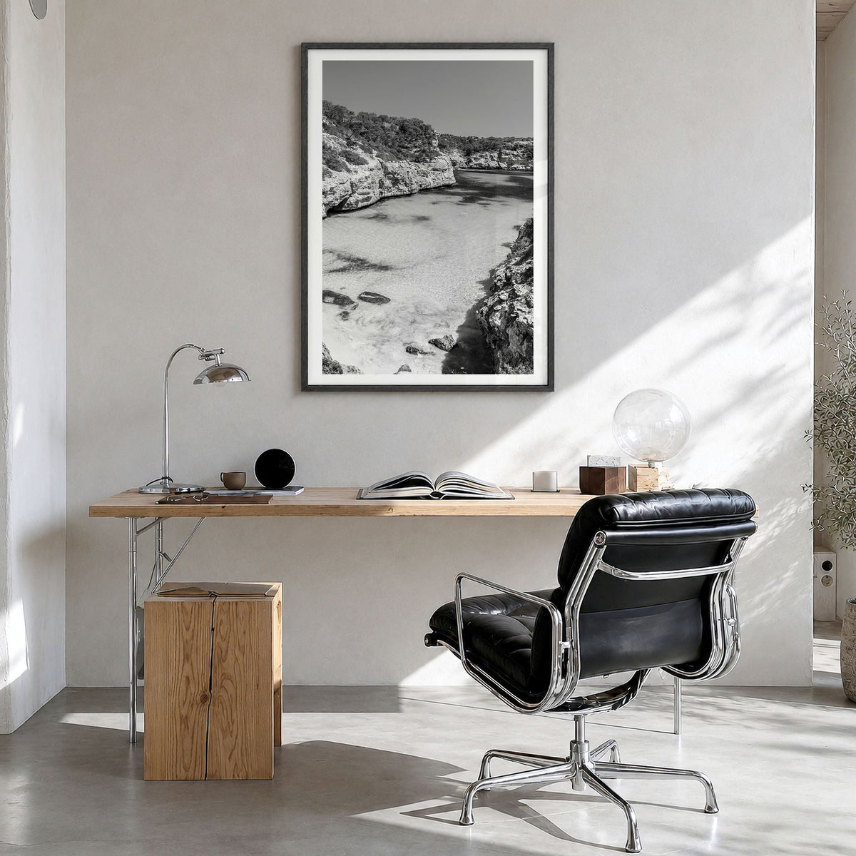 Mallorca Photo No 2 Poster in a black wood frame, hanging in a bright home office, white border