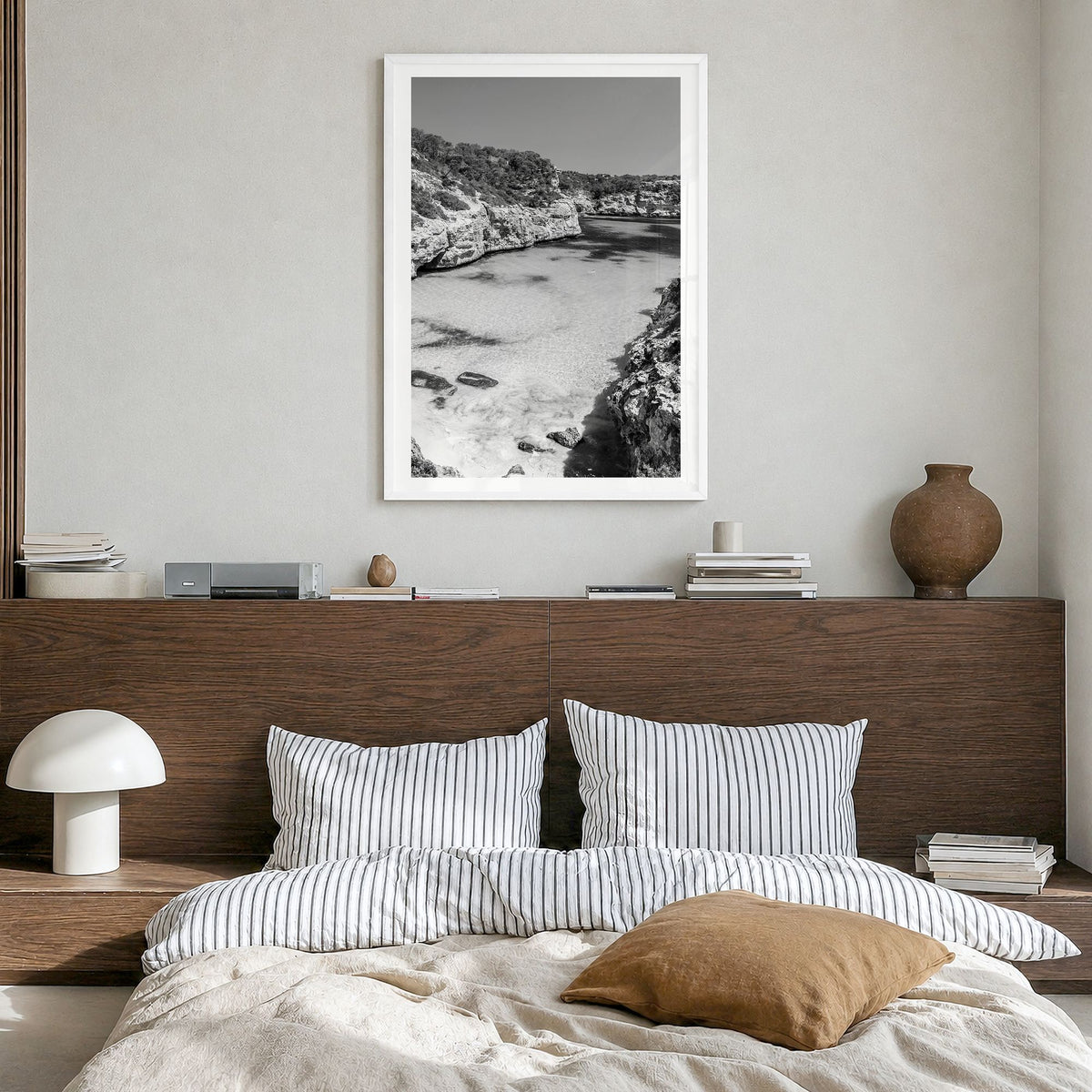 Mallorca Photo No 2 Poster in a white wood frame, hanging in a bedroom, white border