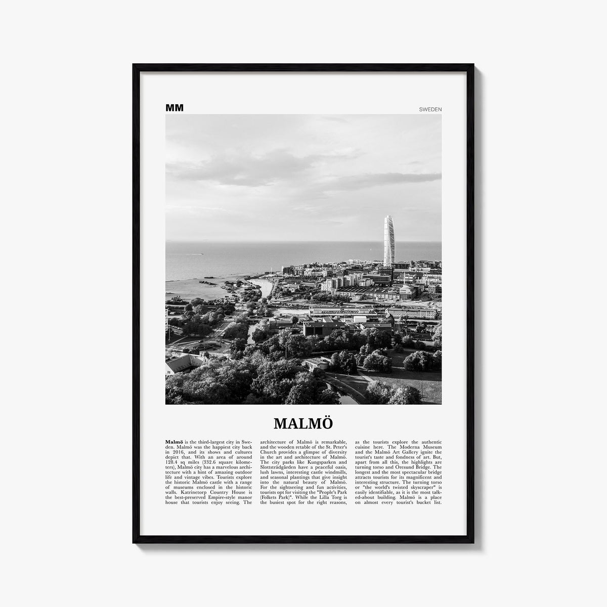 Malmö black & white newspaper poster of Sweden – vertical wall art, unframed print shown in interior mockup