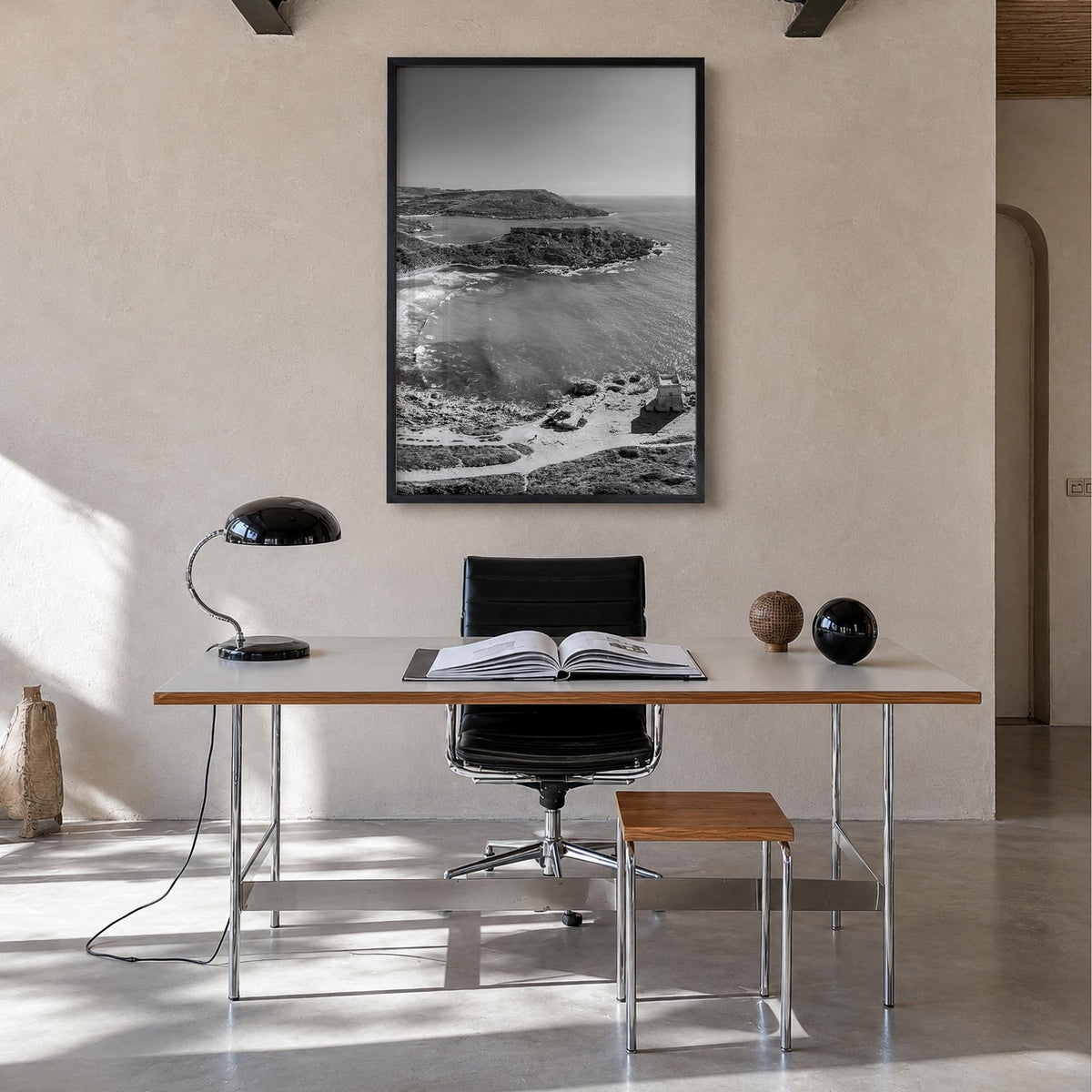 Malta black & white photo poster of Europe – vertical wall art in black wood frame, hanging on wall