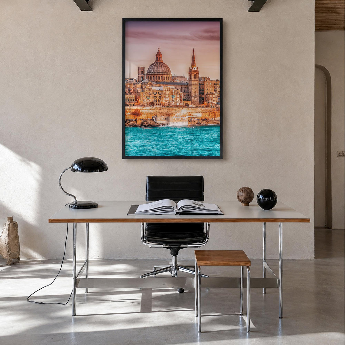 Malta colorful photo poster of Europe – vertical wall art in black wood frame, hanging on wall