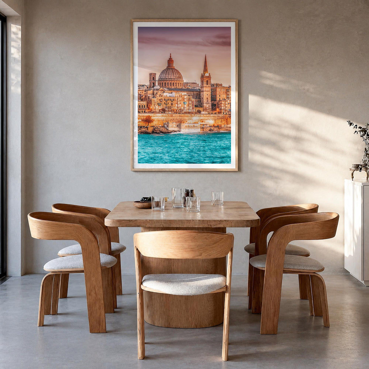 Malta colorful photo poster of Europe – vertical wall art in natural wood frame with white border, hanging on wall