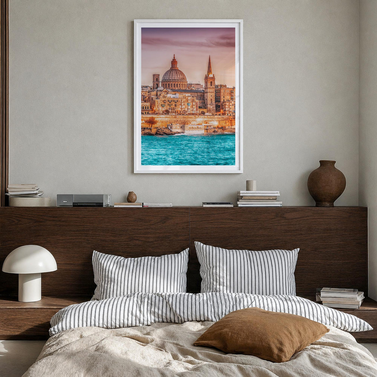 Malta colorful photo poster of Europe – vertical wall art in white wood frame with white border, hanging on wall