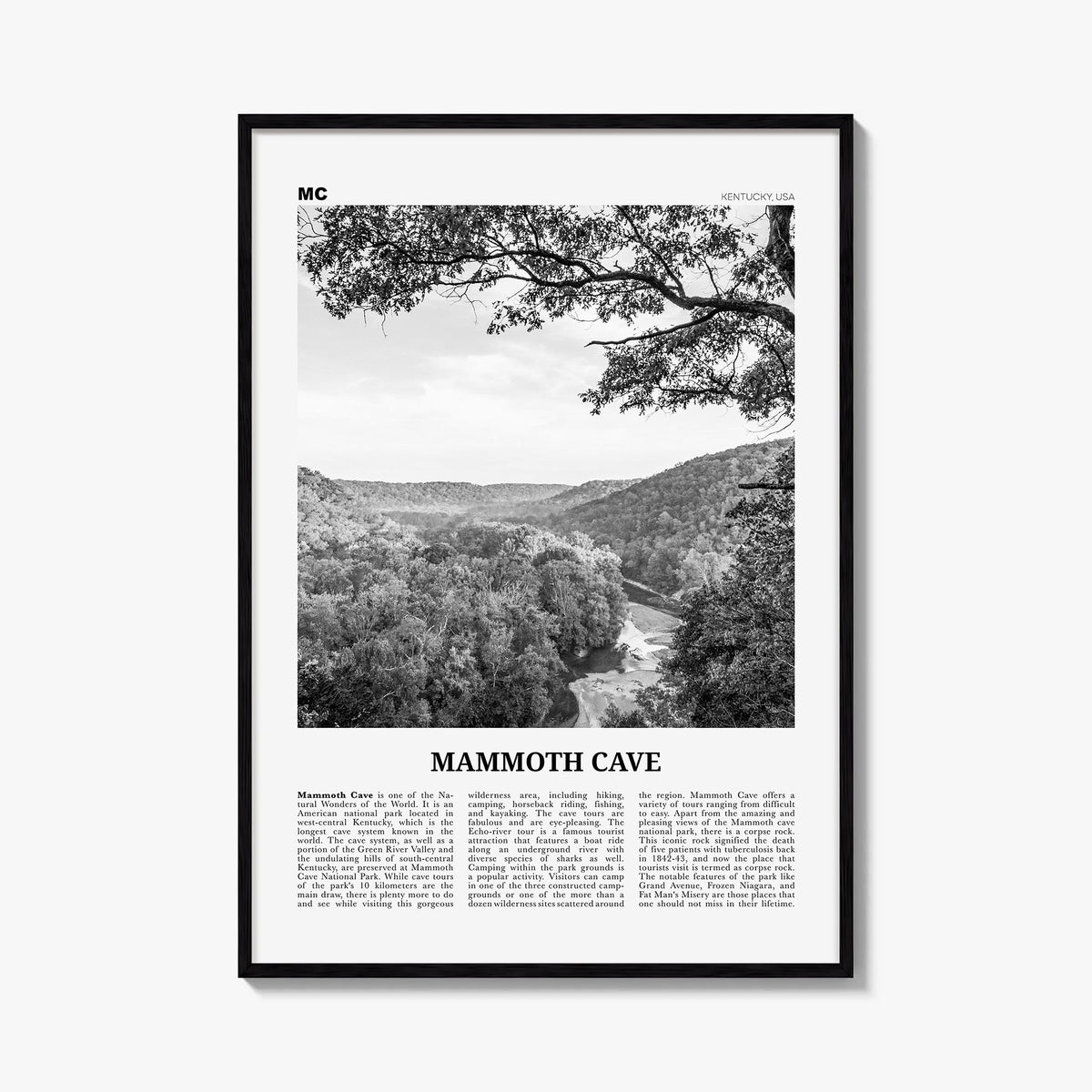 Mammoth Cave black & white newspaper poster of Kentucky, USA – vertical wall art, unframed print shown in interior mockup