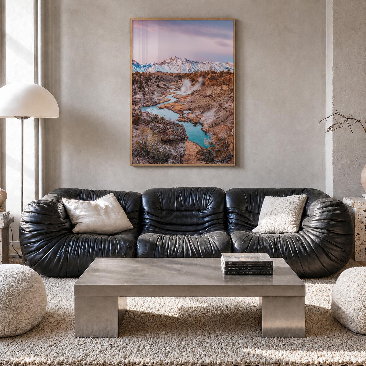Mammoth Lakes colorful photo poster of California, USA – vertical wall art in natural wood frame, hanging on wall