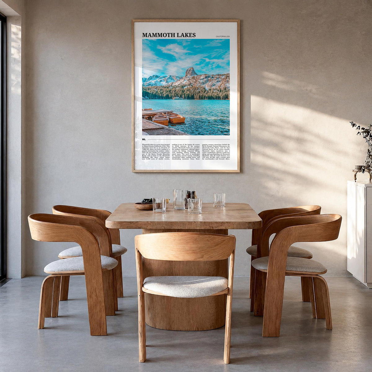 Mammoth Lakes colorful travel poster of California, USA – vertical wall art in natural wood frame, hanging on wall