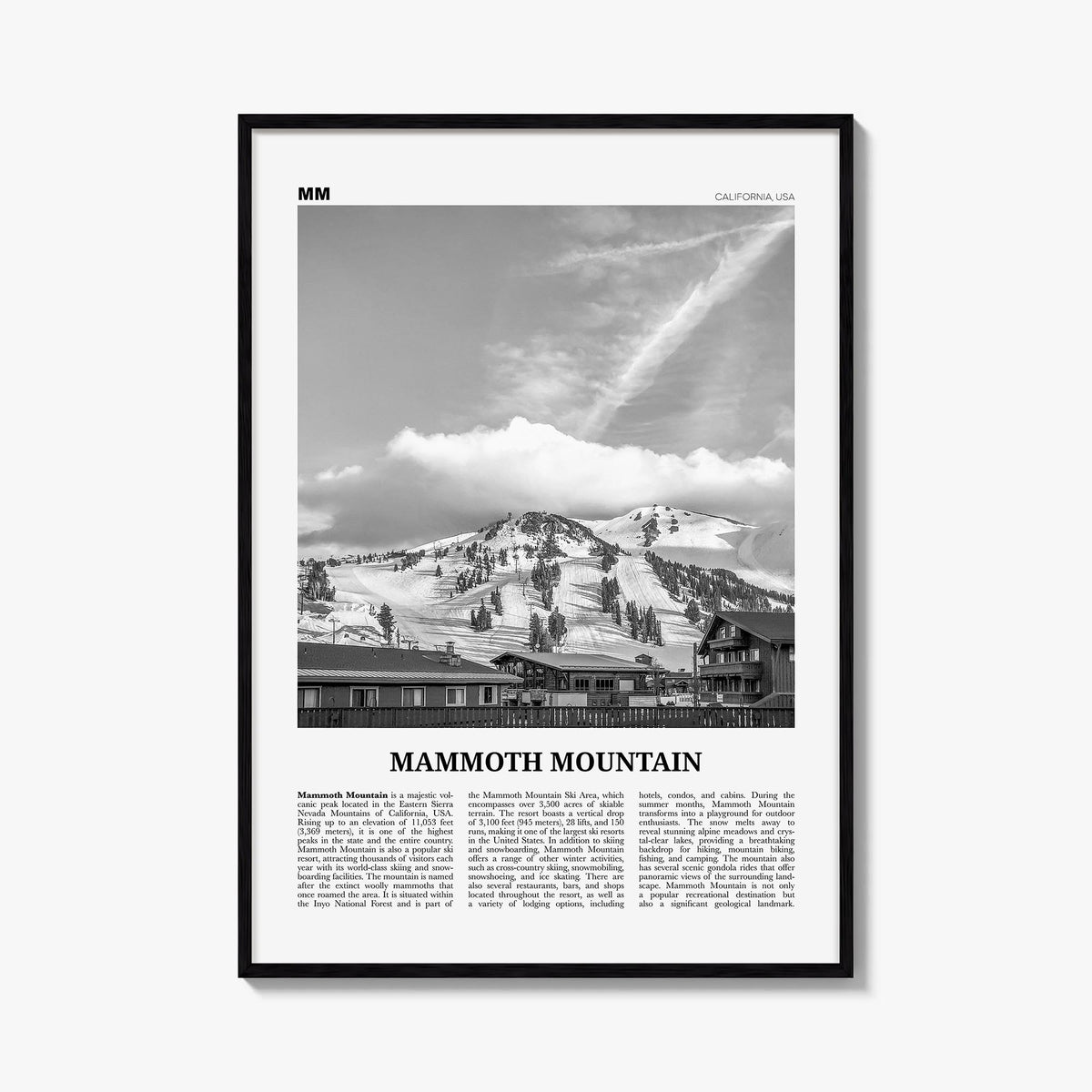 Mammoth Mountain black & white newspaper poster of California, USA – vertical wall art, unframed print shown in interior mock
