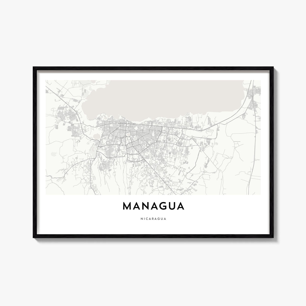 Managua black & white map poster of Nicaragua – horizontal wall art, unframed print shown in interior mockup