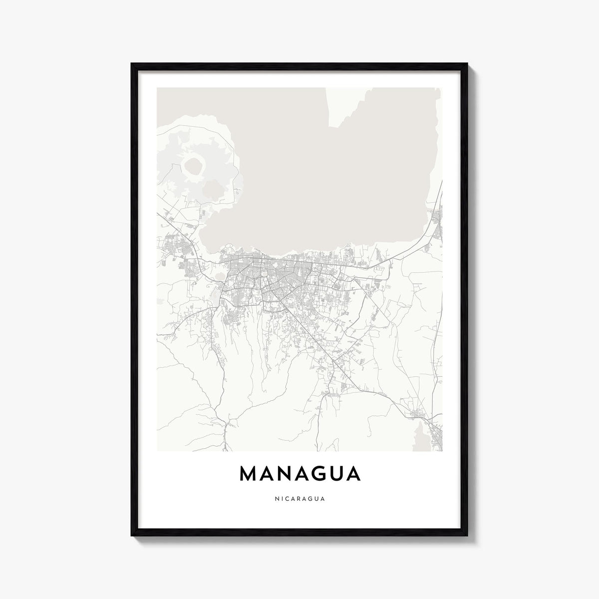 Managua black & white map poster of Nicaragua – vertical wall art, unframed print shown in interior mockup