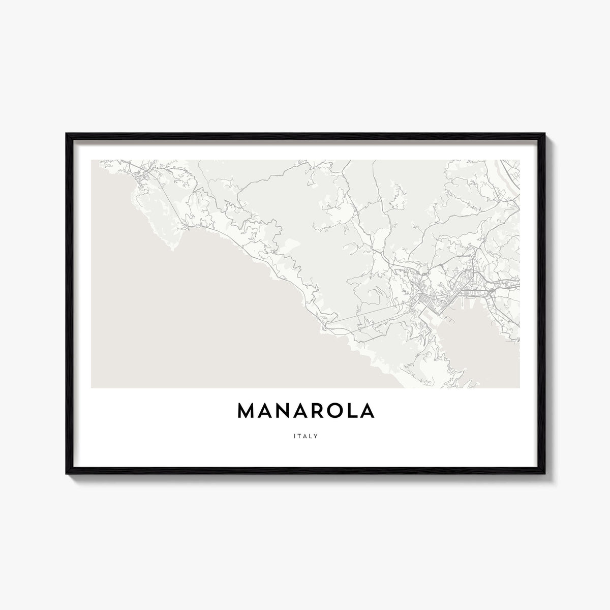 Manarola black & white map poster of Italy – horizontal wall art, unframed print shown in interior mockup