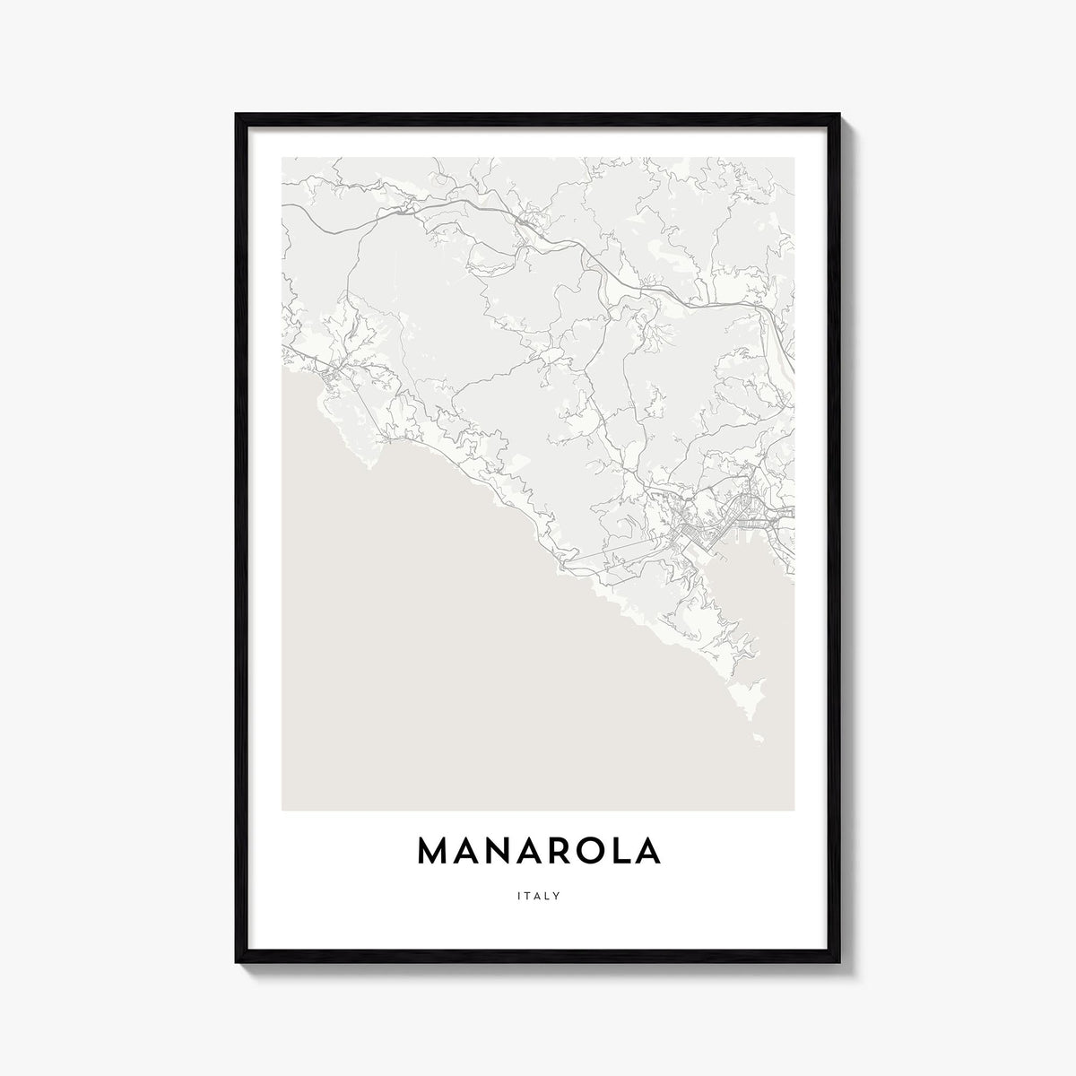Manarola black & white map poster of Italy – vertical wall art, unframed print shown in interior mockup