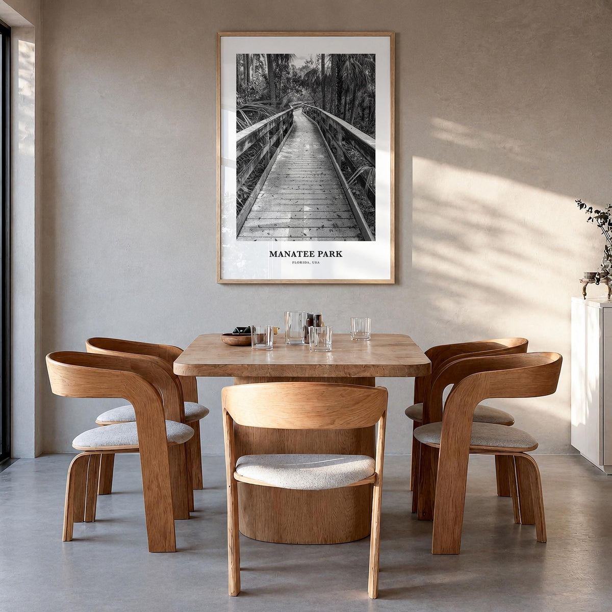 Manatee Park black & white classic poster of Florida, USA – vertical wall art in natural wood frame, hanging on wall