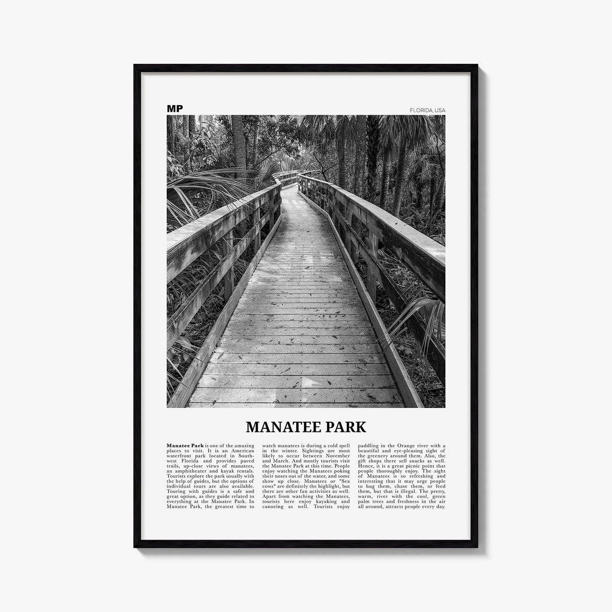 Manatee Park black & white newspaper poster of Florida, USA – vertical wall art, unframed print shown in interior mockup