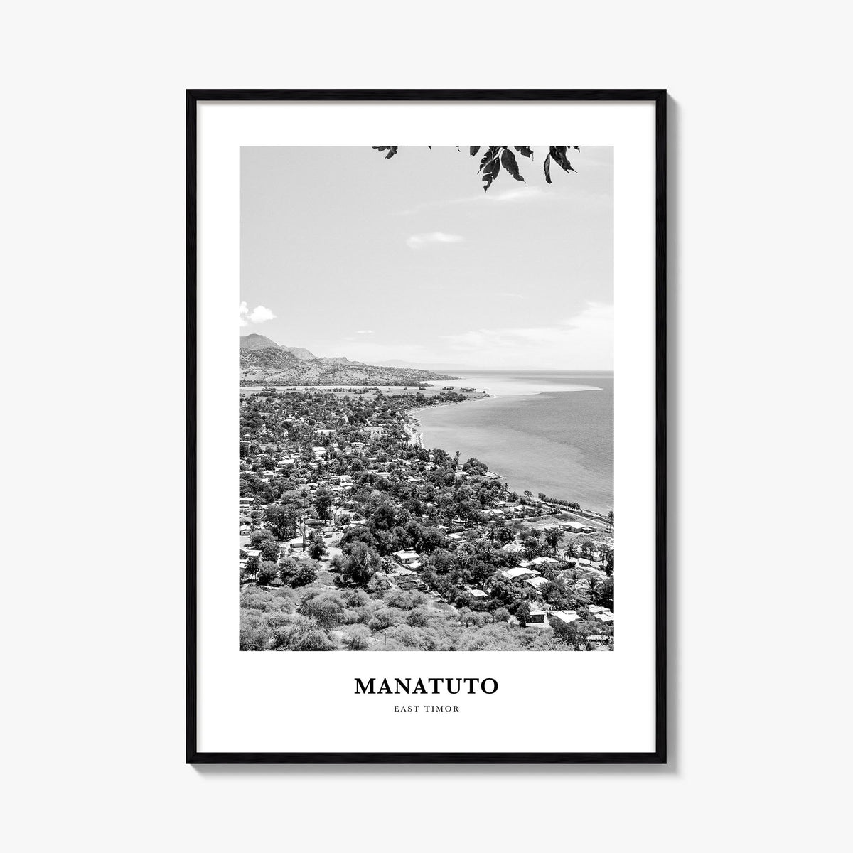 Manatuto black & white classic poster of East Timor – vertical wall art, unframed print shown in interior mockup