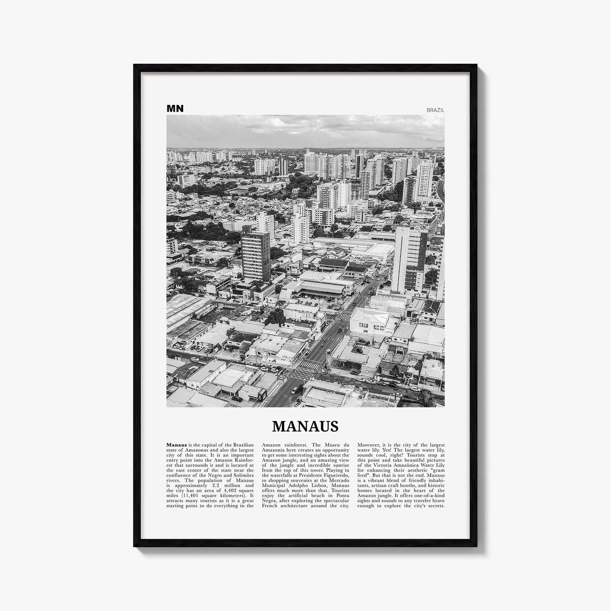 Manaus black & white newspaper poster of Brazil – vertical wall art, unframed print shown in interior mockup