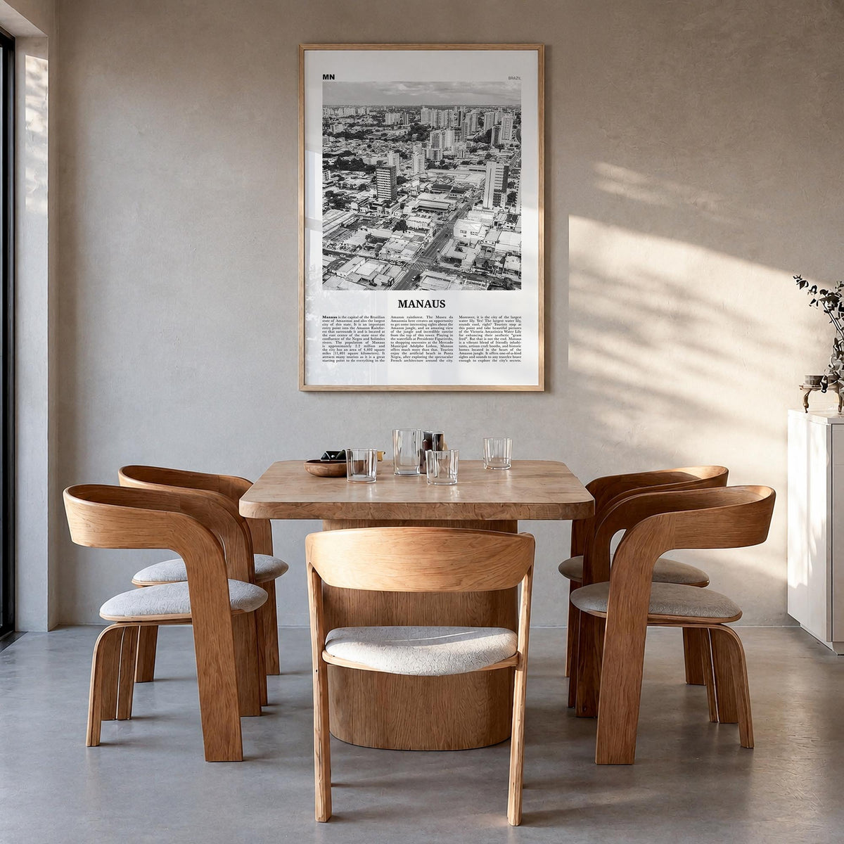 Manaus black & white newspaper poster of Brazil – vertical wall art in natural wood frame, hanging on wall