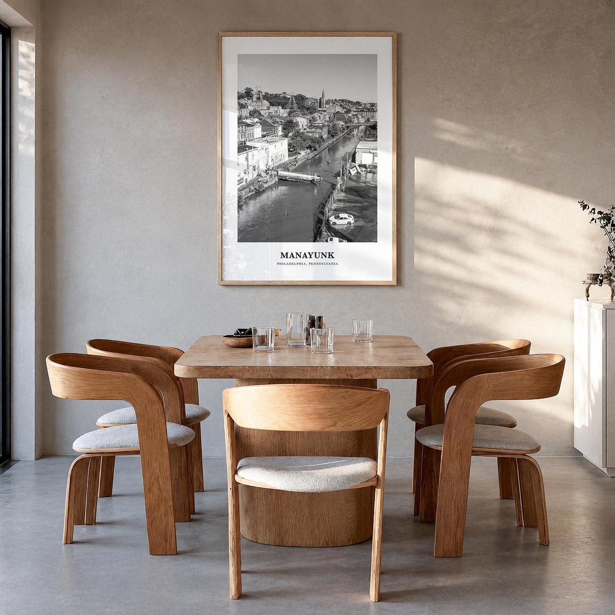 Manayunk black & white classic poster of Philadelphia, Pennsylvania – vertical wall art in natural wood frame, hanging on wal
