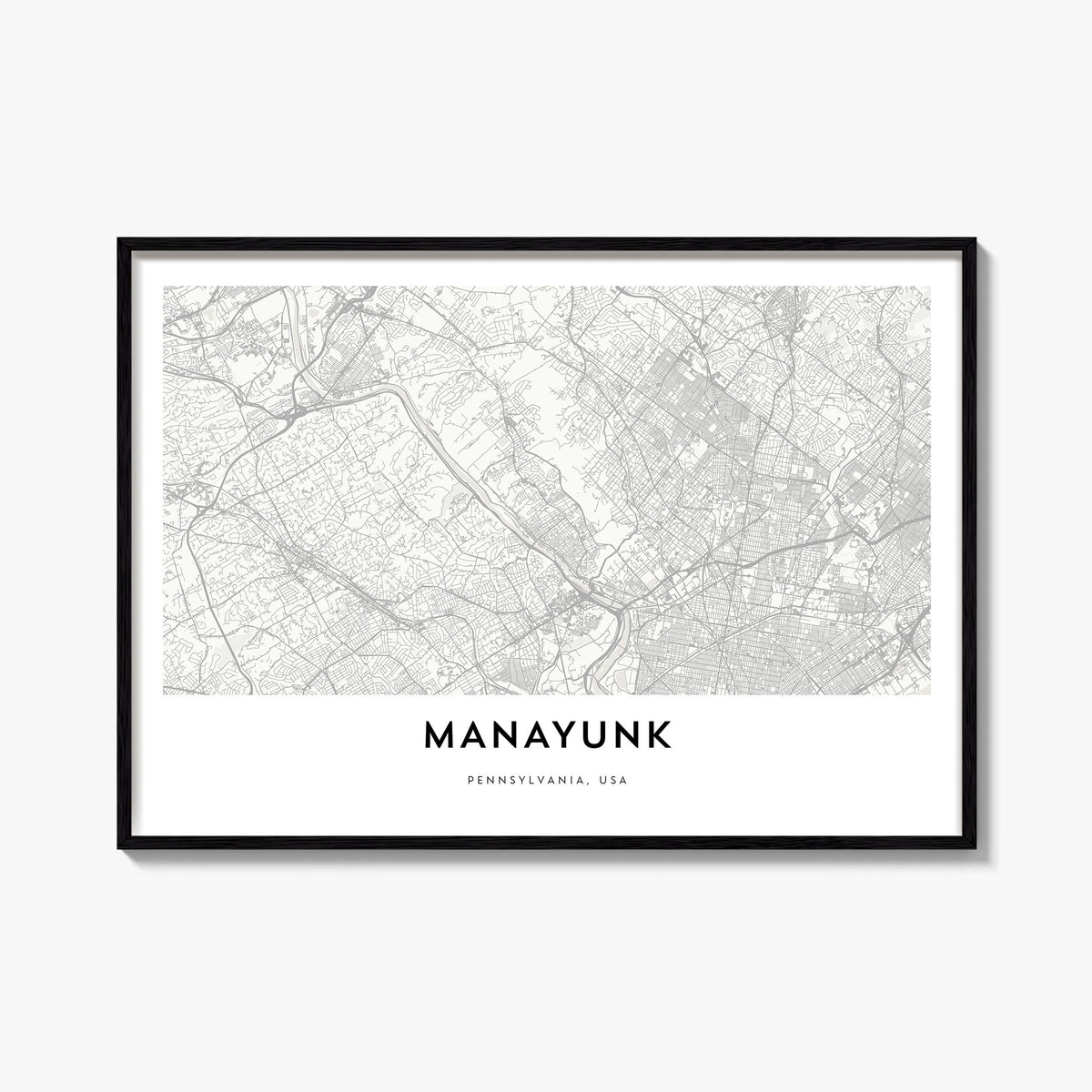 Manayunk black & white map poster of Philadelphia, Pennsylvania – horizontal wall art, unframed print shown in interior mocku