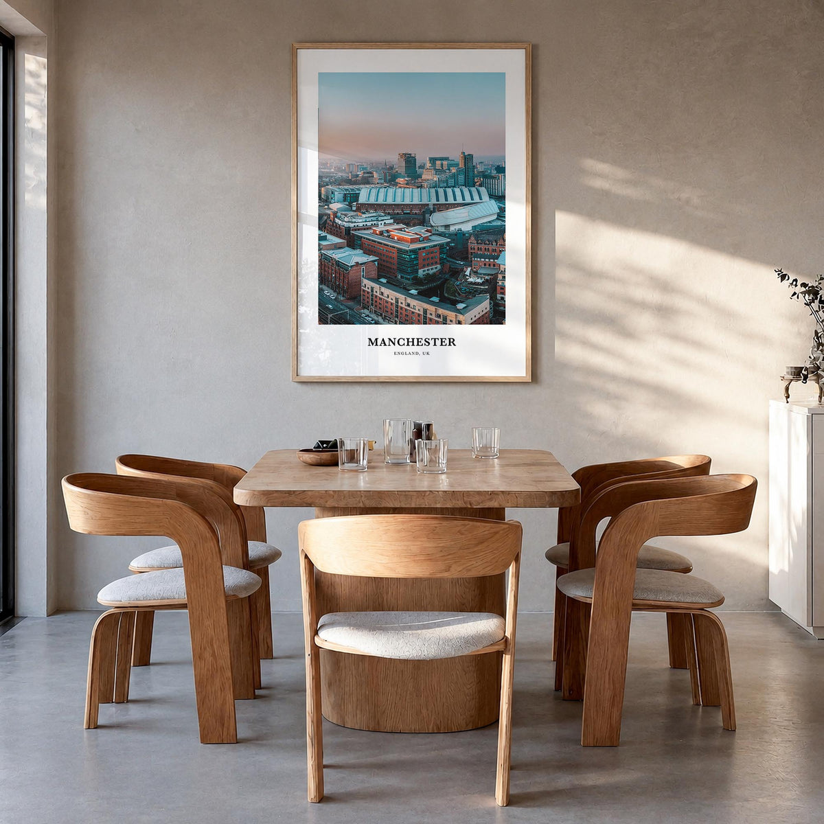 Manchester, England colorful classic poster of United Kingdom – vertical wall art in natural wood frame, hanging on wall