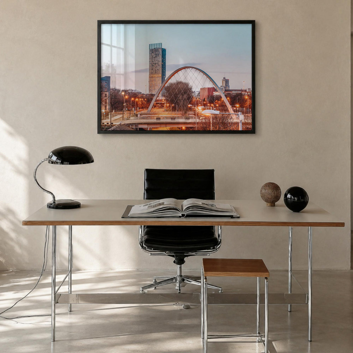Manchester, England colorful photo poster of United Kingdom – horizontal wall art in black wood frame, hanging on wall